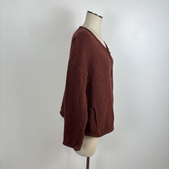 Eileen Fisher Cardigan Sweater Lambs Wool Knit Pockets Zip Up Dark Red M Flawed - Picture 3 of 7
